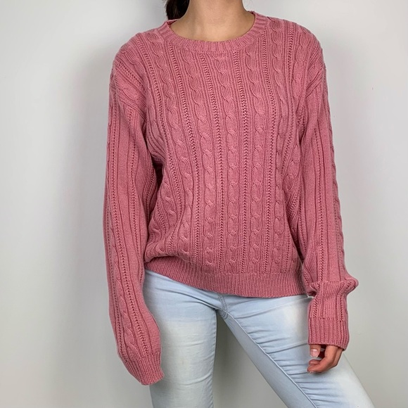 Vintage Blush Pink Cable Knit Padded Shoulder Crew Neck Sweater Baxter Wells - Picture 4 of 10